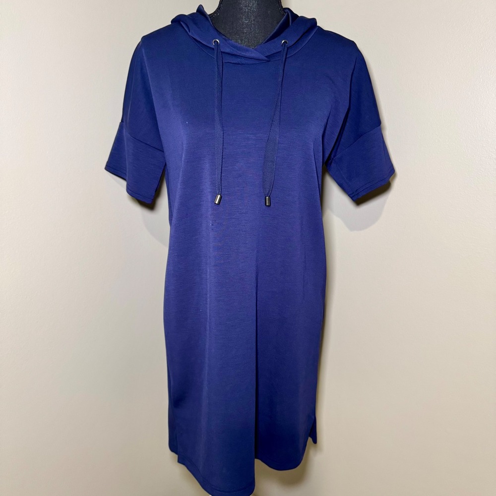 Cable & Gauge Womens Navy Blue Short Sleeve Hooded Shift Dress Small Athleisure - Picture 5 of 5
